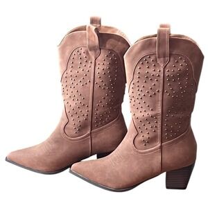 City Chick Women Studded Western Cowboy boots Tan Brown Mid Calf Block Heel 11W‎